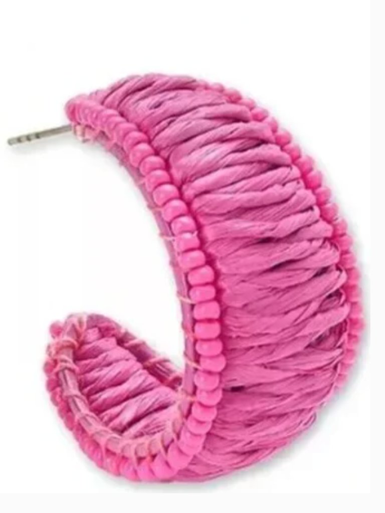 On 34th Raffia Earrings Silver Tone Medium Color Seed Bead & Raffia C-Hoop Nwt